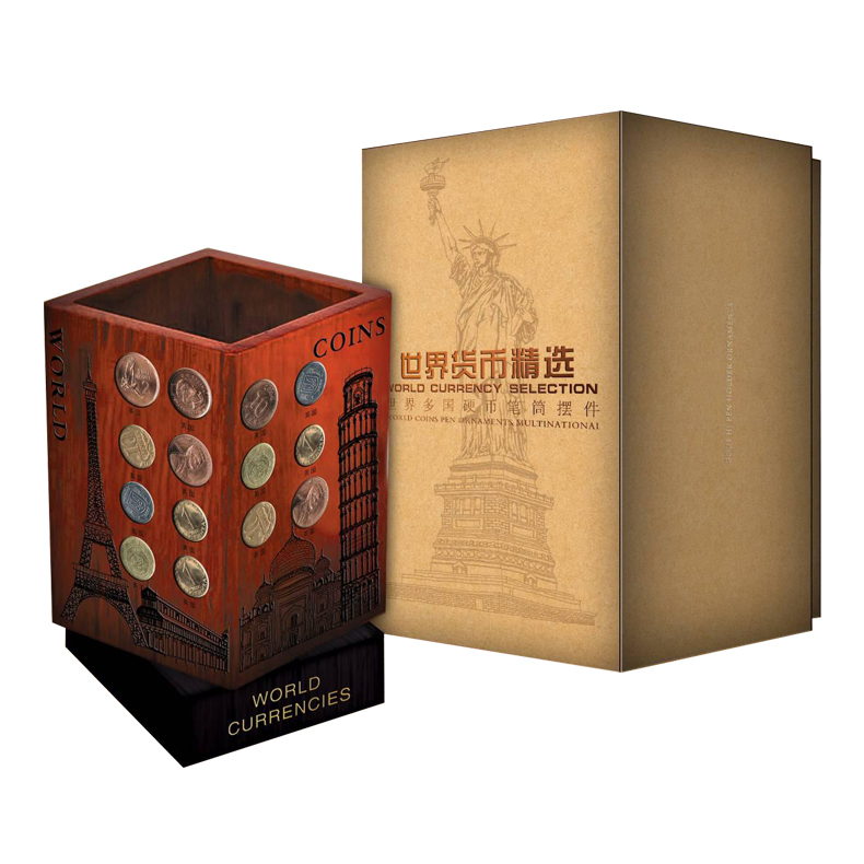 【赚钱笔筒】世界货币精选 可旋转式笔筒摆设 纪念品 收藏品 送领导送顾客