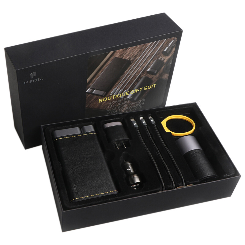 PURIDEA 臻品数码礼盒 轻薄移动电源+双口USB充电器+车载充电器+蓝牙音箱+一拖三数据线组合五件套 高级商务礼品定制