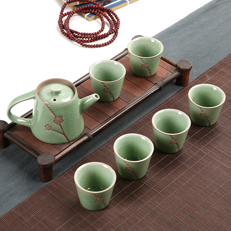 浮雕傲梅哥窑茶组礼盒 一壶六杯七件套茶具礼品套装定制