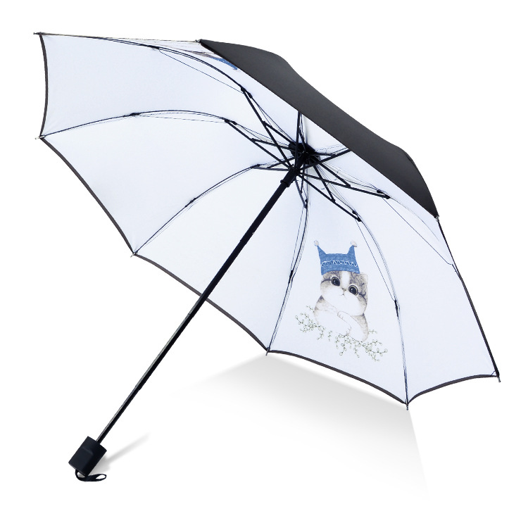 时尚小清新晴雨两用小黑伞卡通猫狗图案三折伞 夏季活动赠品