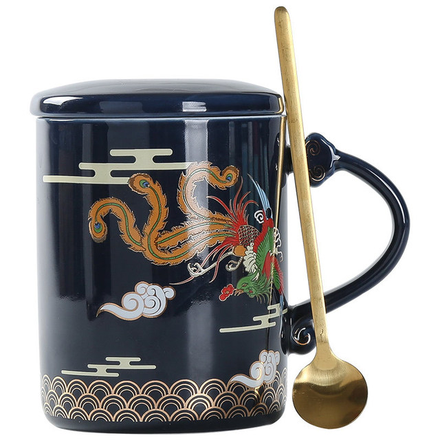 中国风带盖勺陶瓷咖啡杯 龙凤情侣国潮马克杯 有寓意的礼品