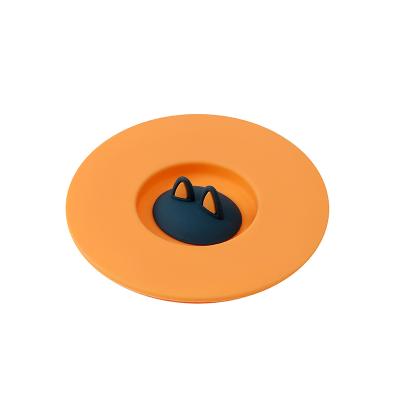 猫耳朵防尘防漏硅胶杯盖 可放搅拌棒勺子--活力橙