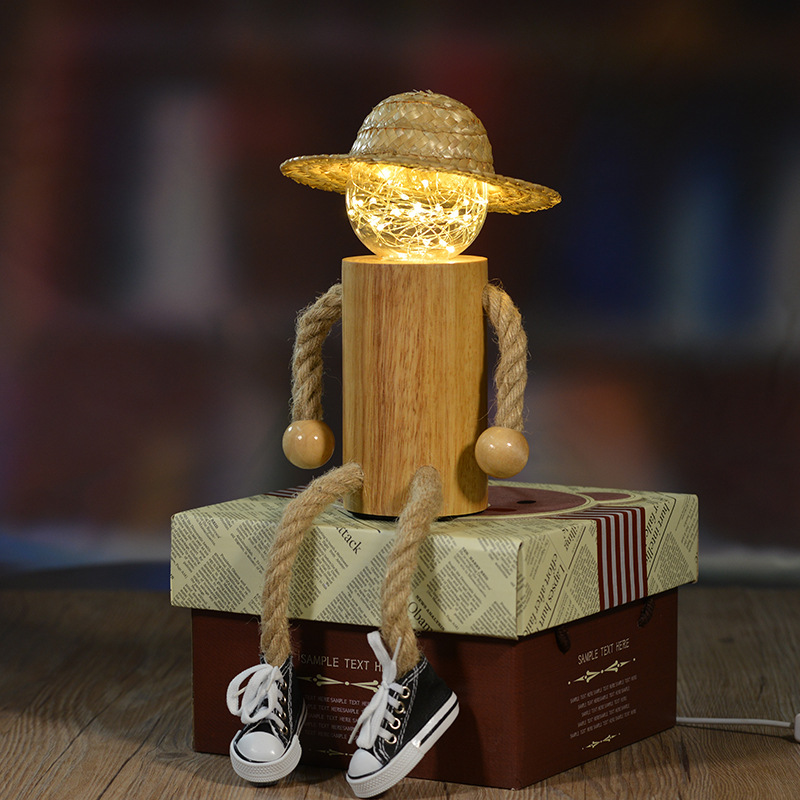 带草帽木头灯 创意生日礼物小夜灯 情人节礼物