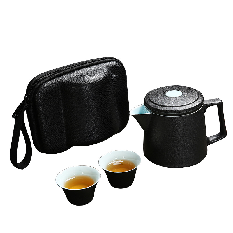 复古陶瓷黑陶便携式快客杯旅行茶具 一壶二杯家用泡茶壶套装礼盒 商务实用礼品