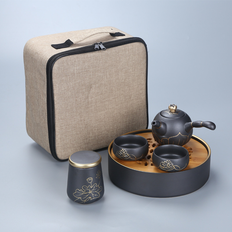 户外旅行手绘黑陶描金莲花茶具套组 一壶四杯带茶盘套装 高端礼品
