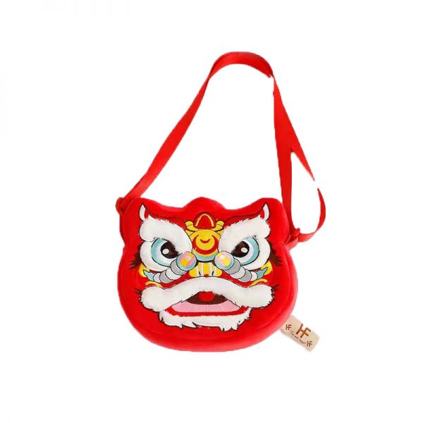 国风新年醒狮刺绣毛绒斜挎包 舞狮斜背包零钱包 年会活动礼品 