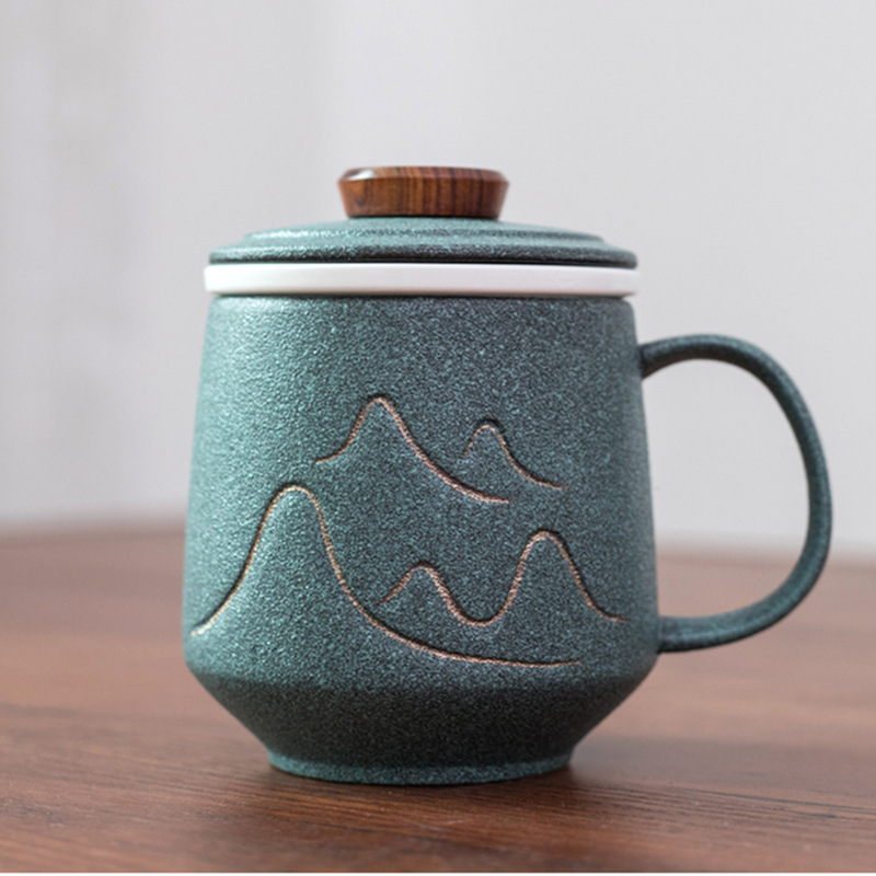 现代简约陶瓷泡茶杯 带盖过滤水杯三件套 办公创意礼品
