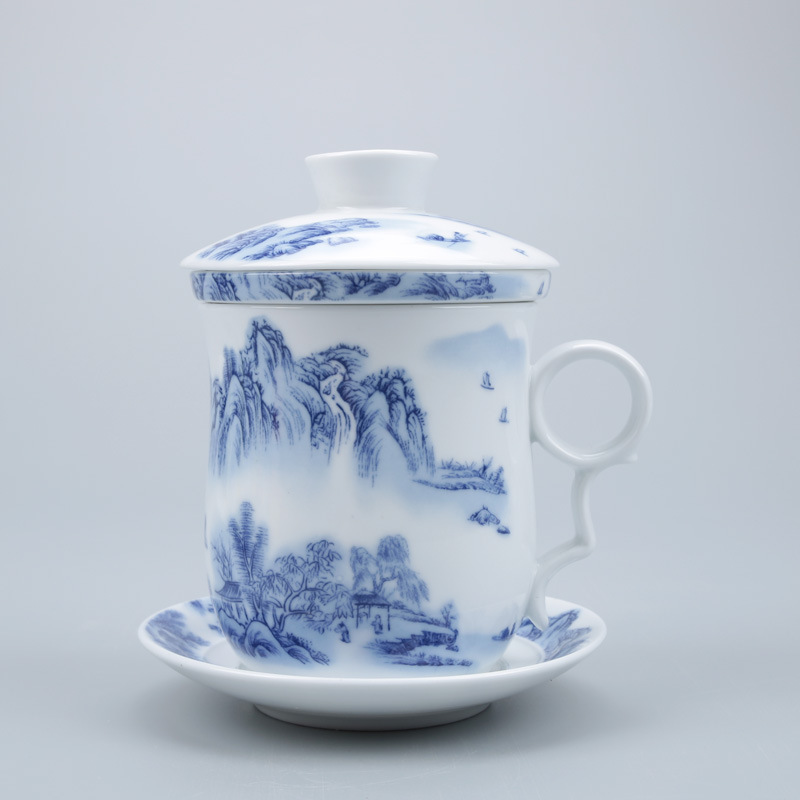 青花瓷茶具茶杯带盖过滤水杯四件套 办公会议个人茶具泡茶器 政府礼品定制