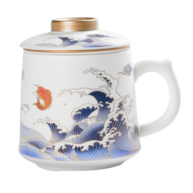 素烧白瓷办公杯茶水分离泡茶杯 大容量陶瓷过滤内胆带盖个人马克杯 商务礼品送礼