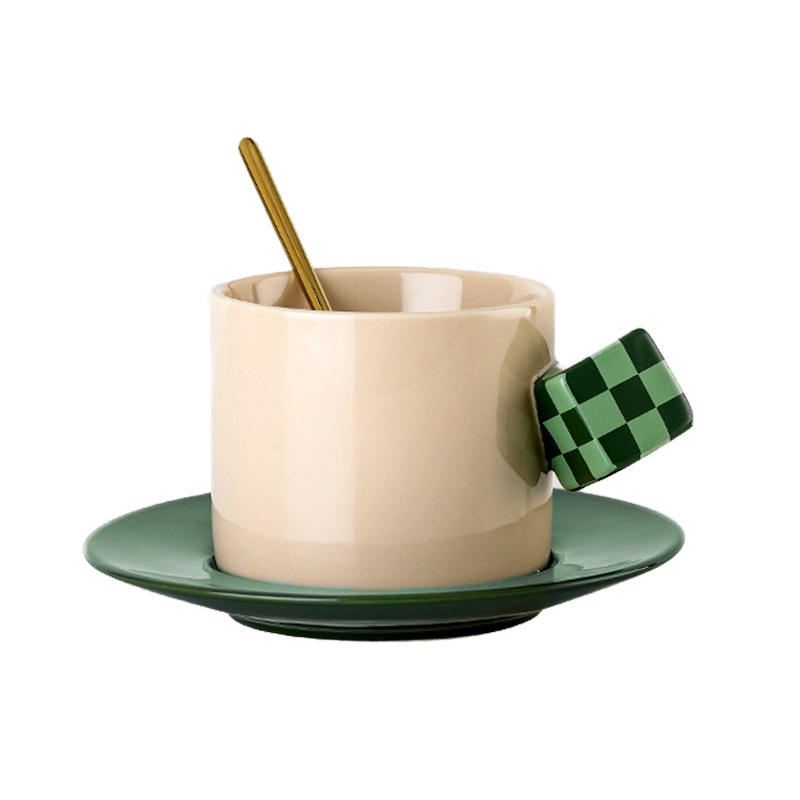 【魔方手柄款】莫兰迪陶瓷咖啡杯碟套装 ins风家用花茶杯 生日礼品