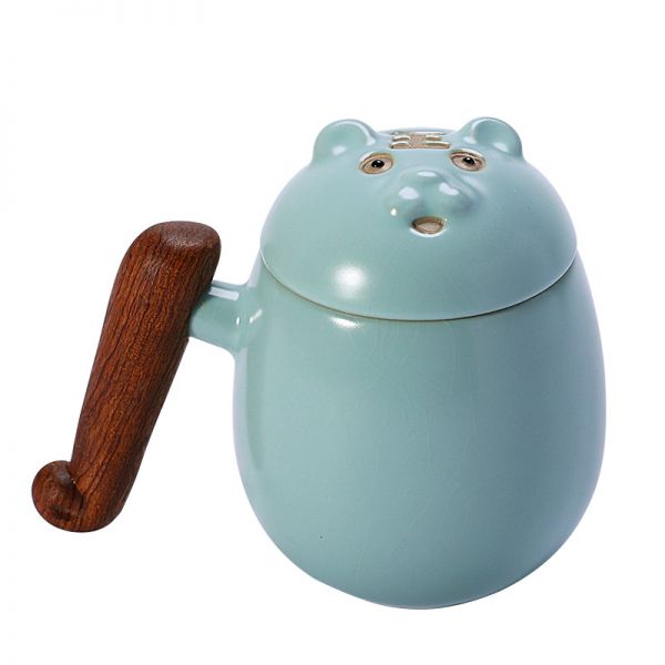 【十二生肖·虎杯】汝窑带盖马克杯兽首杯 办公室茶杯陶瓷茶水分离主人杯 送领导礼品 