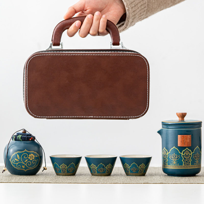 复古手提皮箱茶具套装 便携旅行茶具一壶三杯一罐 父亲节节日礼品