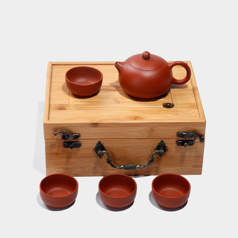 宜兴紫砂壶茶具套装 竹制礼盒+紫砂壶+紫砂茗杯4个 紫砂茶具养生礼品