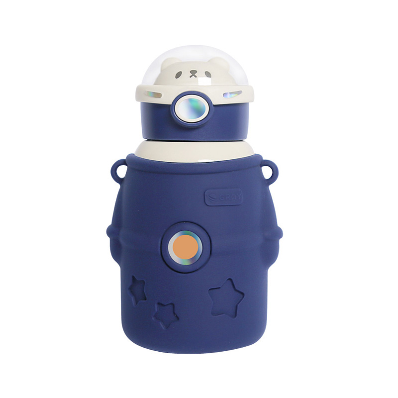 可爱硅胶套保温杯 创意卡通贴纸吸管杯绳子水壶500ml 创意保温杯