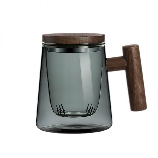 【初笙杯】青钝色玻璃花茶杯  430ml胡桃木把茶水分离泡茶杯  办公桌茶杯  商务礼品