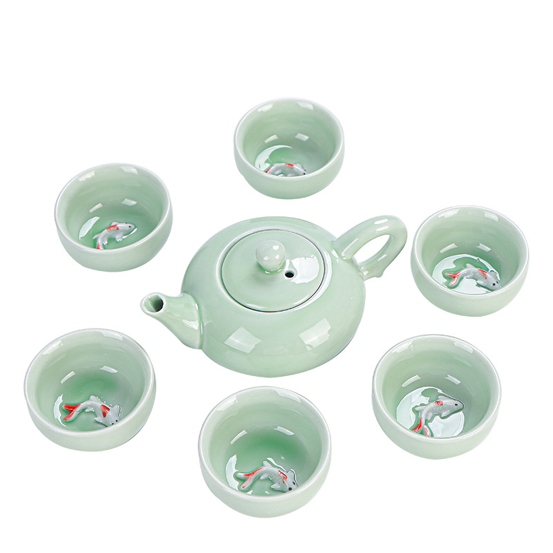 青瓷小鱼旅行茶具 便携式一壶六杯茶具套装 商务茶具伴手礼