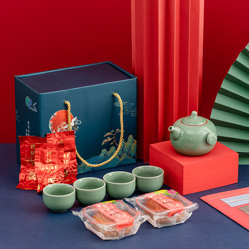 2022创意国潮中秋茶礼套装 茶壶+茶杯*4+月饼*2+永春佛手*3 中秋活动伴手礼