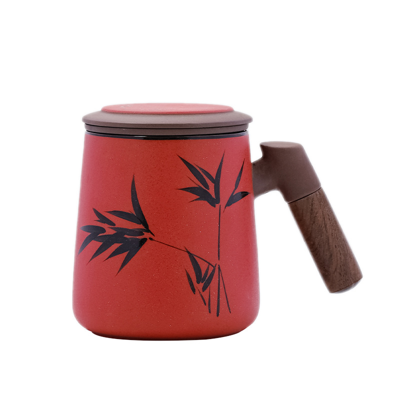 手绘紫砂带过滤内胆茶水分离泡茶杯 个人杯带盖办公茶杯飘逸杯 送领导礼物