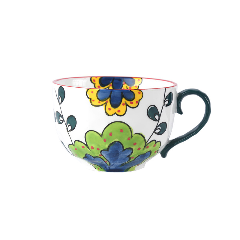 手绘繁花锤纹早餐杯     创意花纹陶瓷牛奶杯     送客户拜访礼品