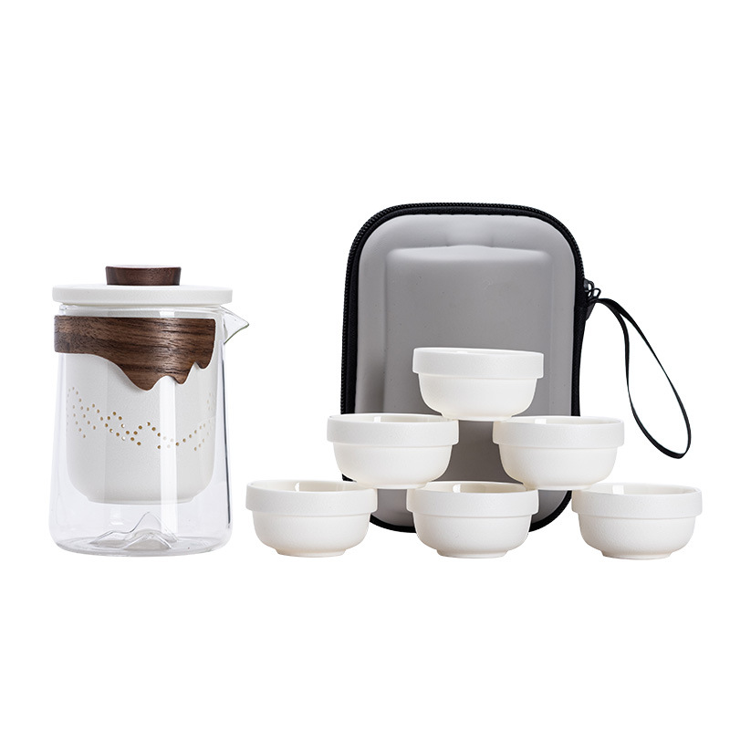 玻璃白瓷旅行茶具套装 户外快客杯一壶六杯 商务定制礼品 