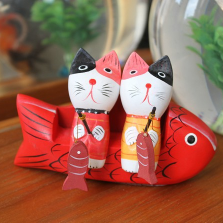 北欧原木巴厘岛手工雕刻木猫钓鱼猫 家居工艺品摆设 家居装饰