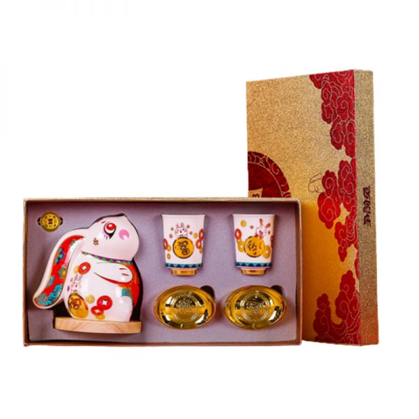 【争前兔】陶瓷兔摆件茶具套装 陶瓷兔+茶杯2个+金元宝收纳罐 新年茶具礼品