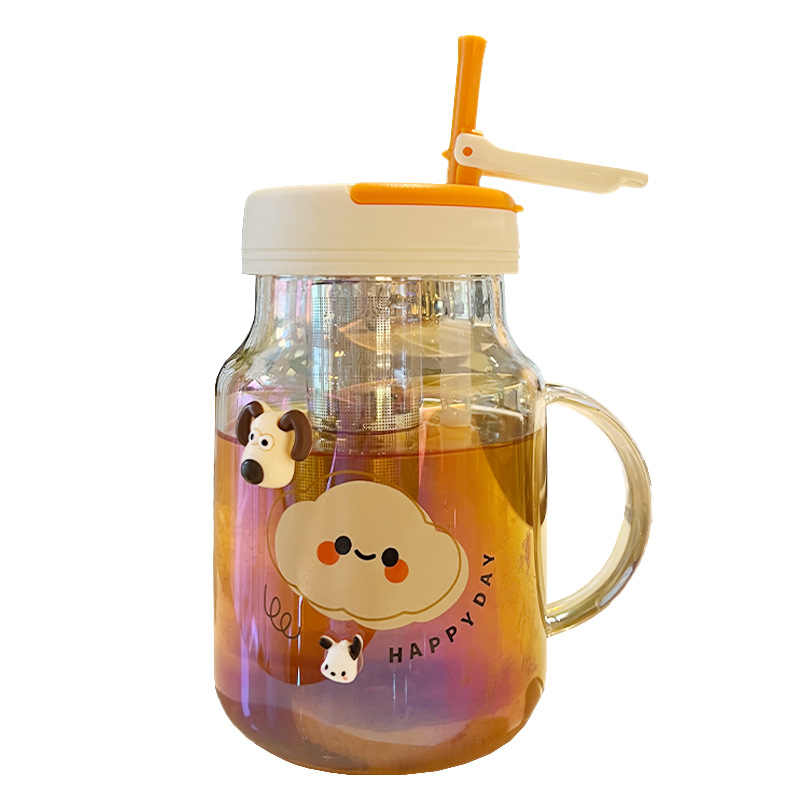 耐高温茶水分离玻璃杯 高颜值带把手吸管杯 女神节礼品